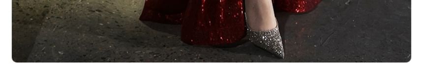 Evening Slit Short-Sleeve Sequin Gown Neck Square Plain A-Line