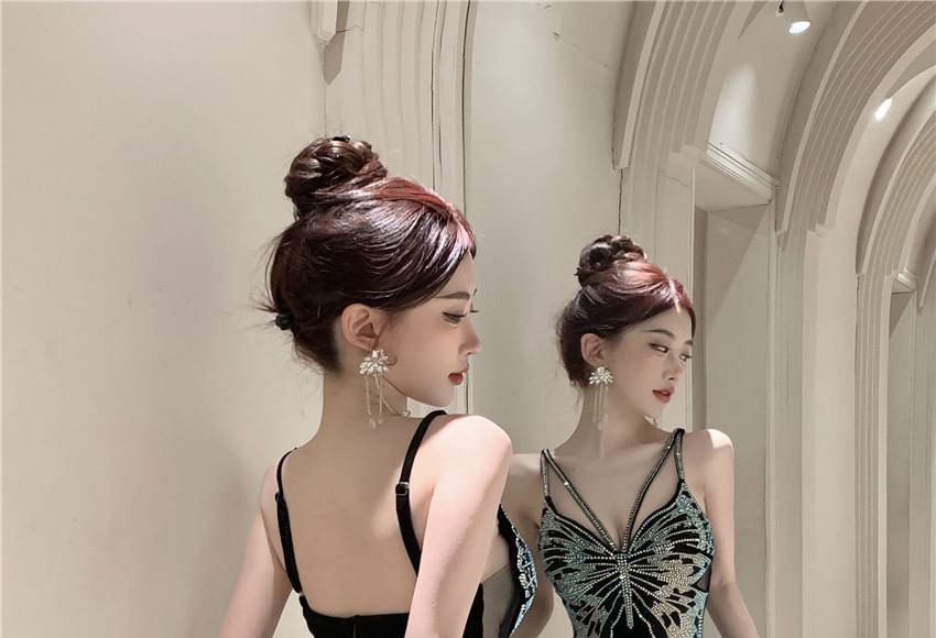 Spaghetti Open V-Neck Gown Rhinestone Back Strap Slit Evening Mermaid Butterfly Velvet