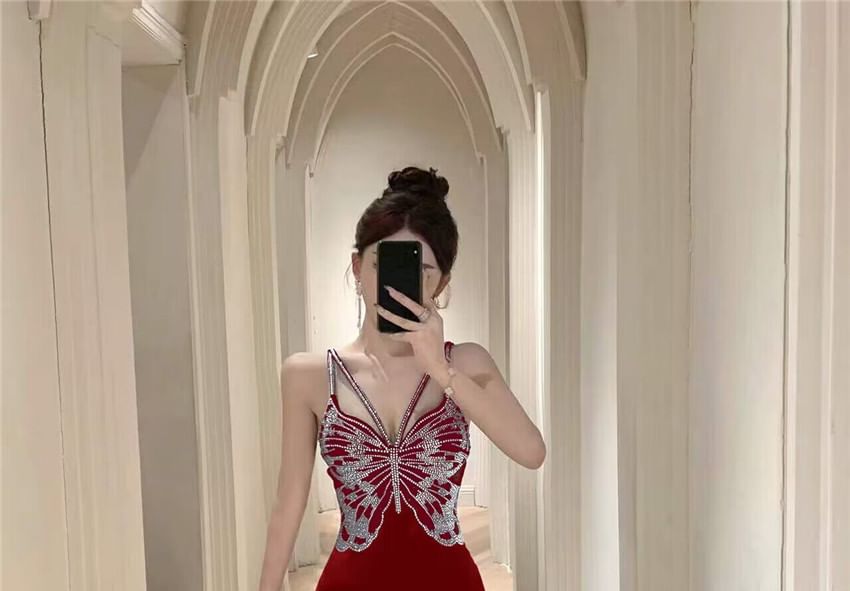 Spaghetti Open V-Neck Gown Rhinestone Back Strap Slit Evening Mermaid Butterfly Velvet