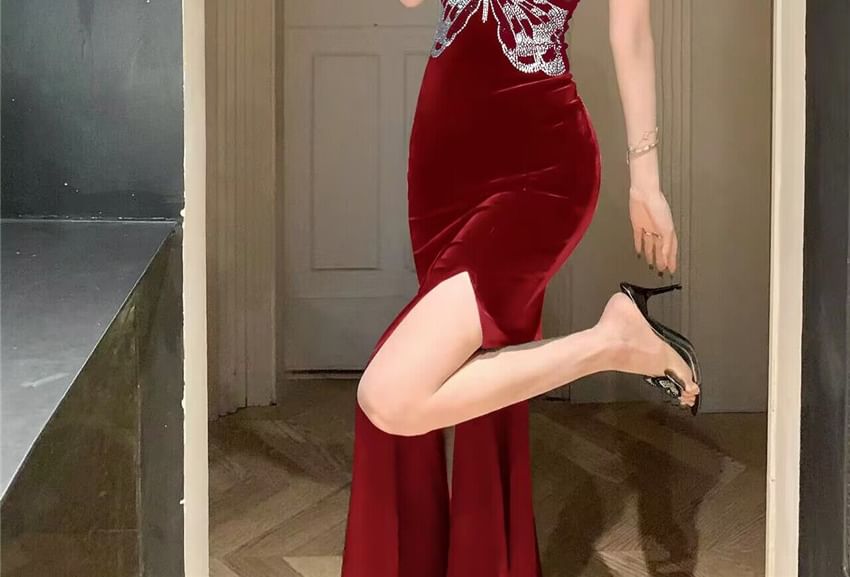 Spaghetti Open V-Neck Gown Rhinestone Back Strap Slit Evening Mermaid Butterfly Velvet