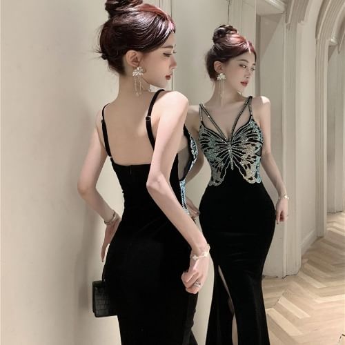 Spaghetti Open V-Neck Gown Rhinestone Back Strap Slit Evening Mermaid Butterfly Velvet
