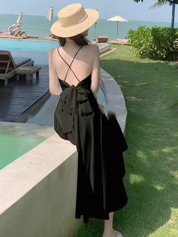 Plain Maxi V-Neck Strap Spaghetti Dress A-Line