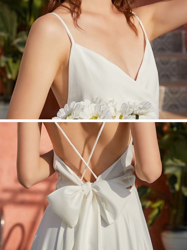 Plain Maxi V-Neck Strap Spaghetti Dress A-Line