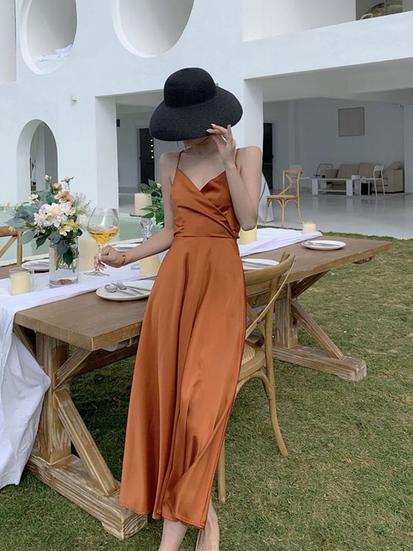 Plain Maxi V-Neck Strap Spaghetti Dress A-Line