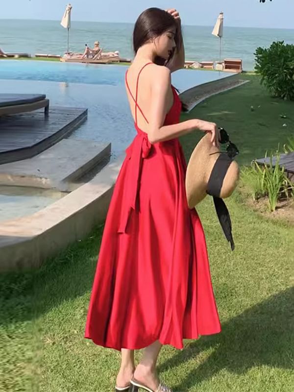 Plain Maxi V-Neck Strap Spaghetti Dress A-Line