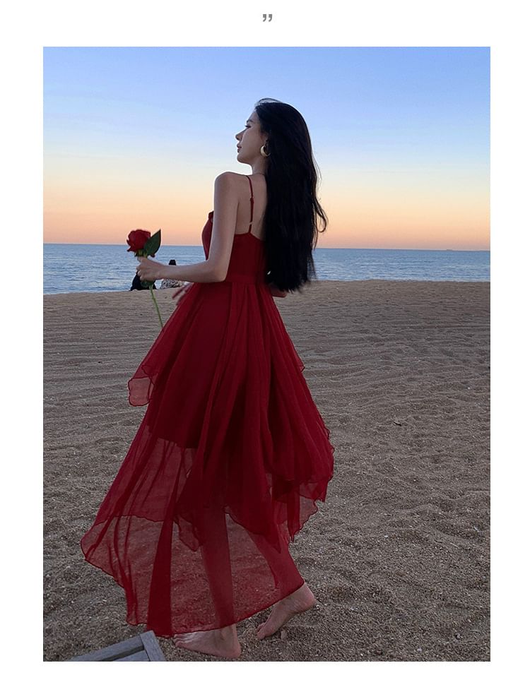 Asymmetrical Sheer Dress Spaghetti A-Line Strap