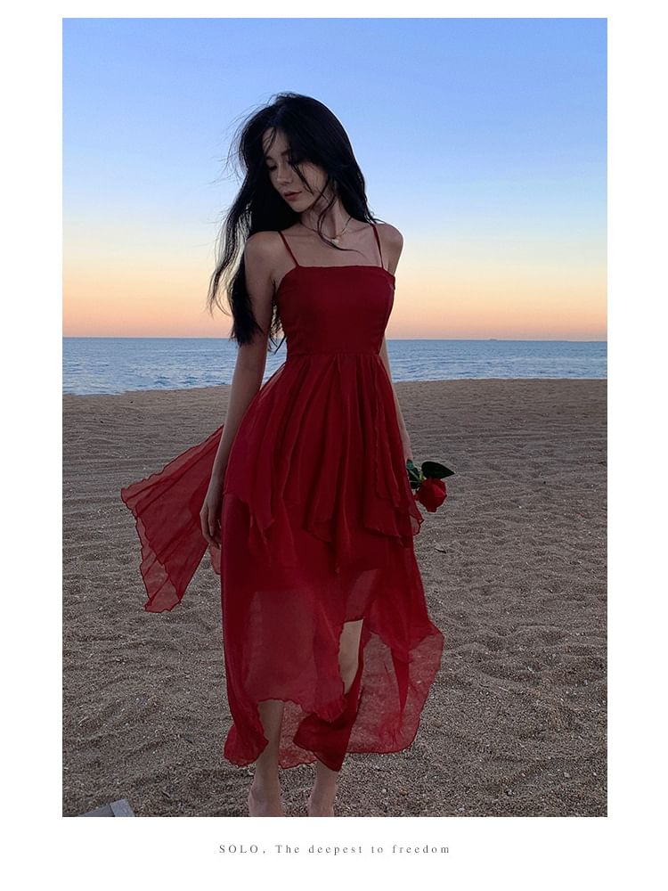 Asymmetrical Sheer Dress Spaghetti A-Line Strap