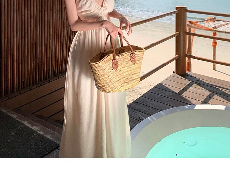 A-Line Maxi V-Neck Plain Cutout Strap Dress Spaghetti