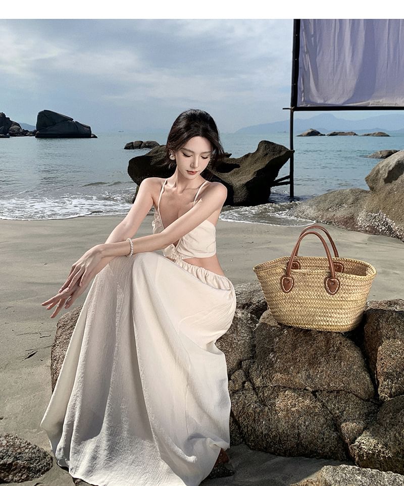 A-Line Maxi V-Neck Plain Cutout Strap Dress Spaghetti