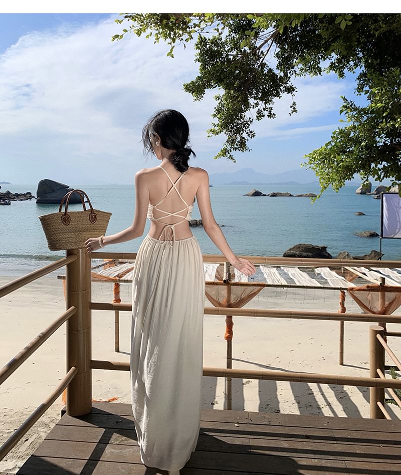 A-Line Maxi V-Neck Plain Cutout Strap Dress Spaghetti