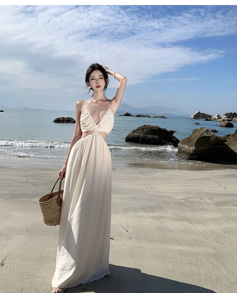A-Line Maxi V-Neck Plain Cutout Strap Dress Spaghetti