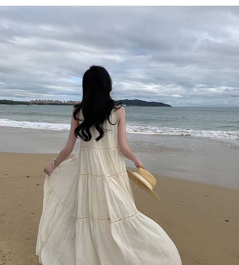 Crewneck Sleeveless Midi Dress A-Line Plain