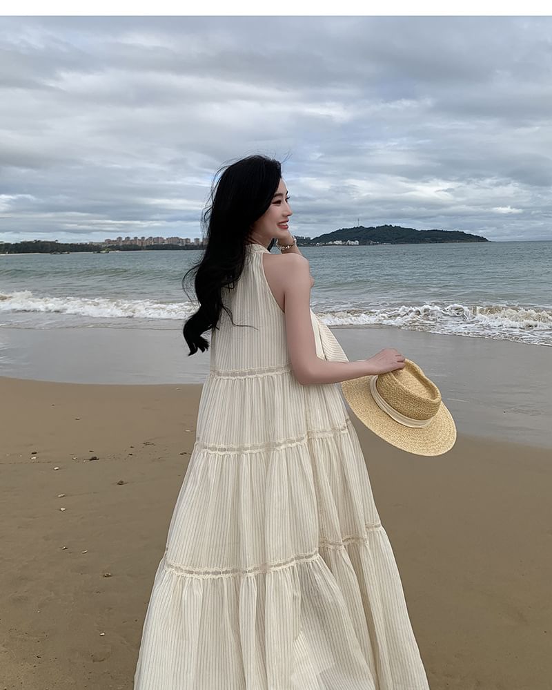 Crewneck Sleeveless Midi Dress A-Line Plain