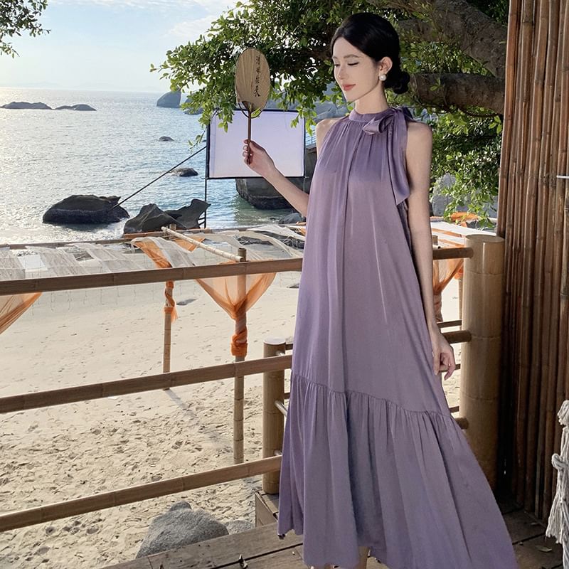 Maxi Sleeveless Plain Crewneck Dress A-Line