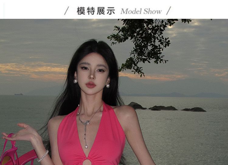 Midi Bodycon Plain Cutout Dress Halter Neck