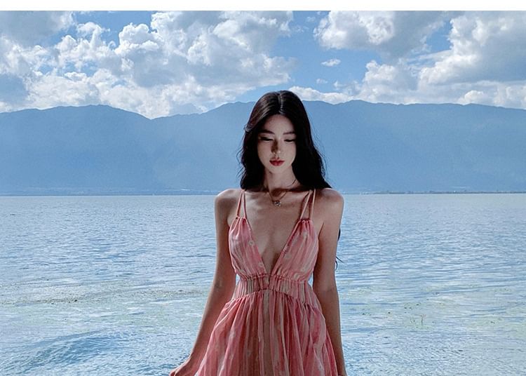 Spaghetti Dress A-Line Floral Print Maxi V-Neck Strap
