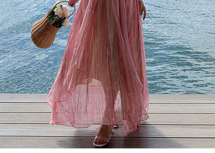 Spaghetti Dress A-Line Floral Print Maxi V-Neck Strap