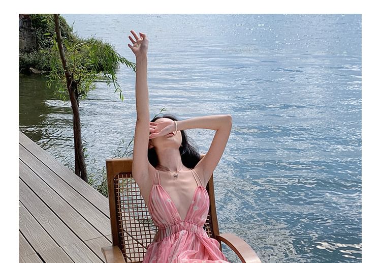 Spaghetti Dress A-Line Floral Print Maxi V-Neck Strap