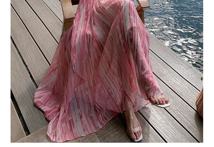 Spaghetti Dress A-Line Floral Print Maxi V-Neck Strap