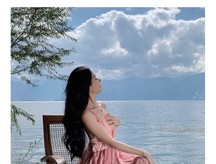 Spaghetti Dress A-Line Floral Print Maxi V-Neck Strap