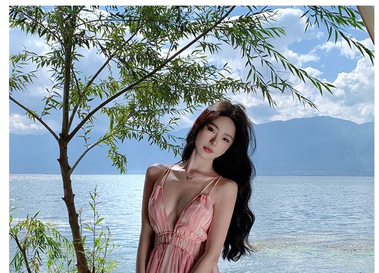 Spaghetti Dress A-Line Floral Print Maxi V-Neck Strap