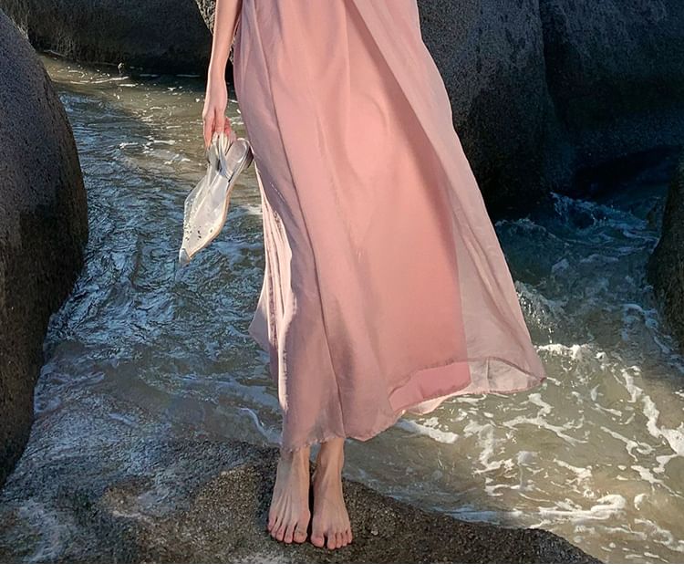 Halter Open Back Plain A-Line Neck Midi Dress