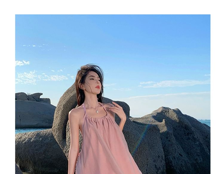 Halter Open Back Plain A-Line Neck Midi Dress