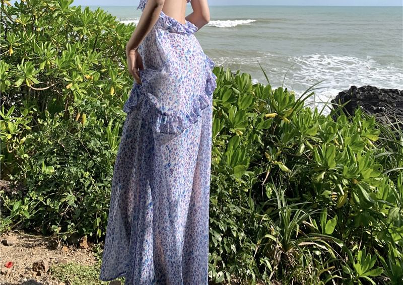 Print Strap Floral Spaghetti Dress A-Line Midi