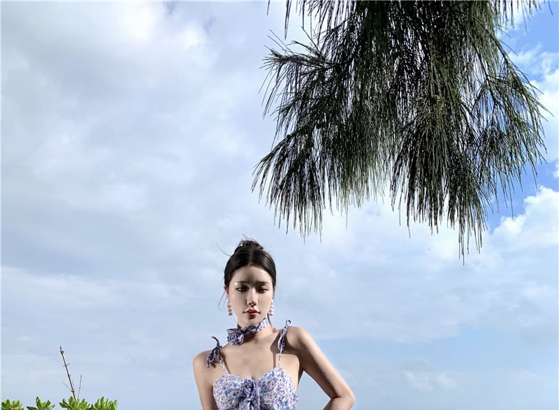 Print Strap Floral Spaghetti Dress A-Line Midi