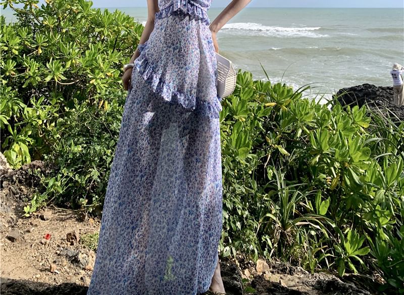 Print Strap Floral Spaghetti Dress A-Line Midi