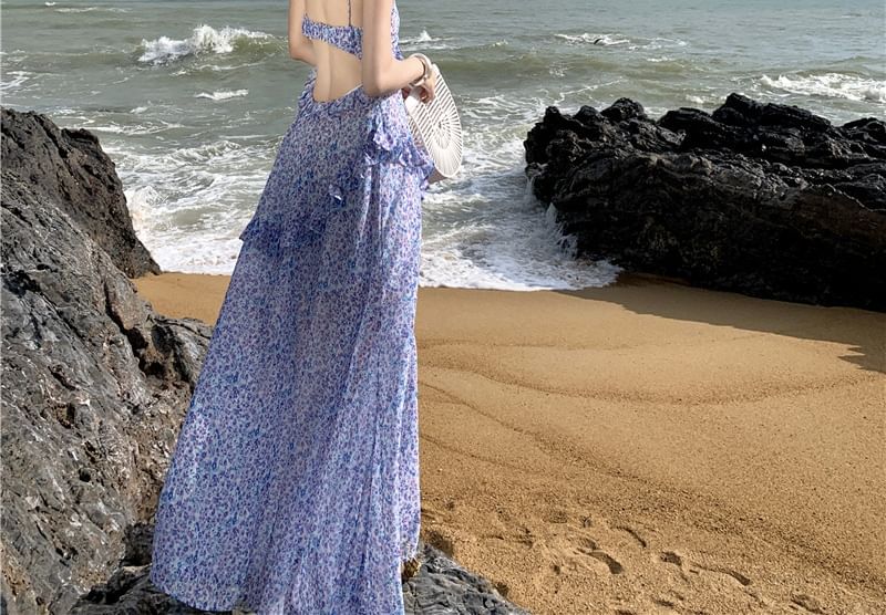 Print Strap Floral Spaghetti Dress A-Line Midi