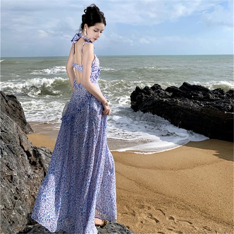 Print Strap Floral Spaghetti Dress A-Line Midi