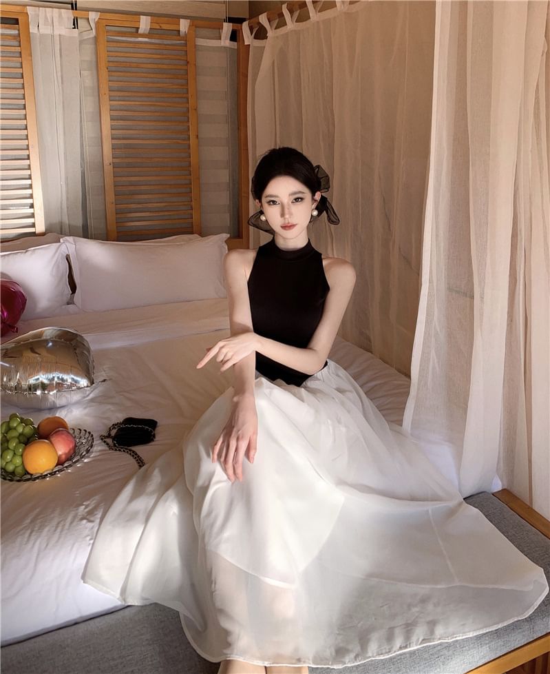 Sleeveless A-Line Two Tone Maxi Dress