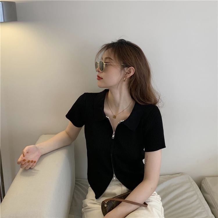 Knit Zip Top Short-Sleeve Plain Polo