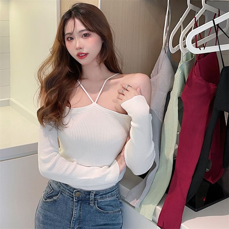 Plain Long-Sleeve Top Knit Cold-Shoulder