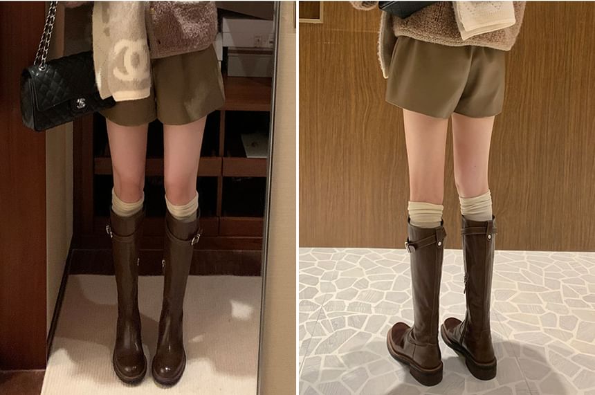 Buckled Tall Faux Boots Leather