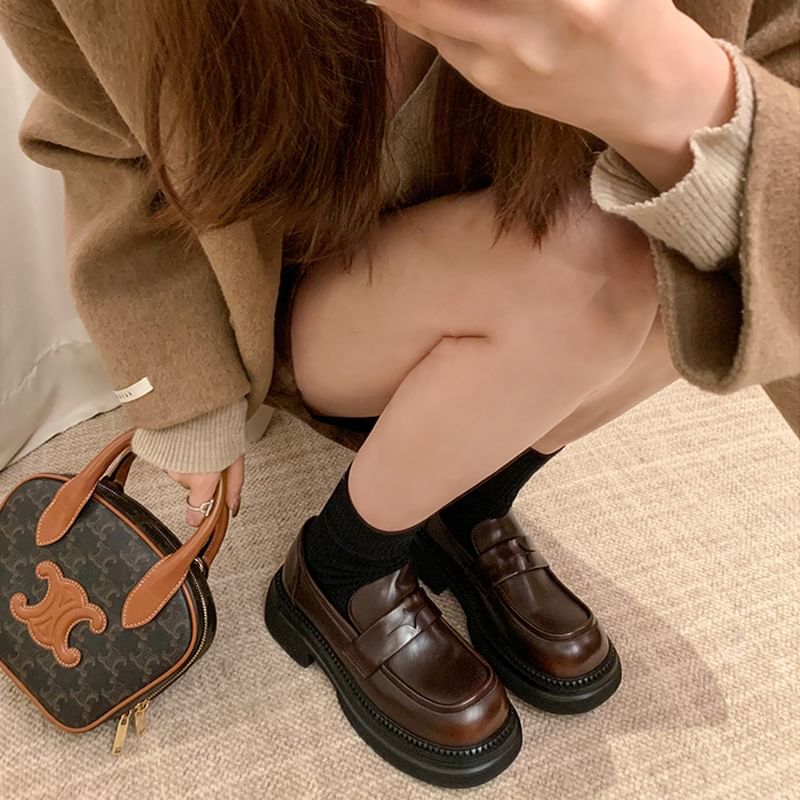 Heel Faux Leather Platform Loafers Chunky