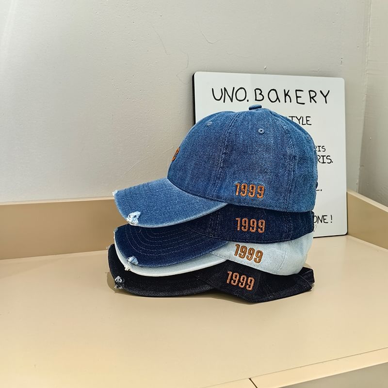 Embroidered Denim Baseball Cap Lettering Distressed