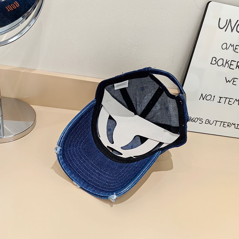 Embroidered Denim Baseball Cap Lettering Distressed