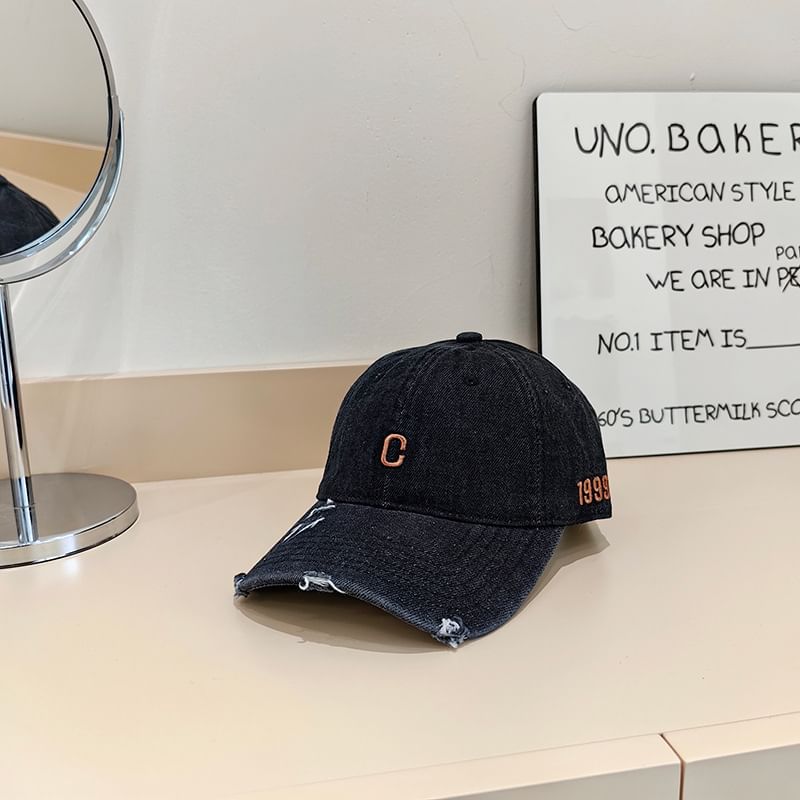Embroidered Denim Baseball Cap Lettering Distressed