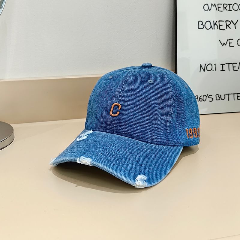 Embroidered Denim Baseball Cap Lettering Distressed