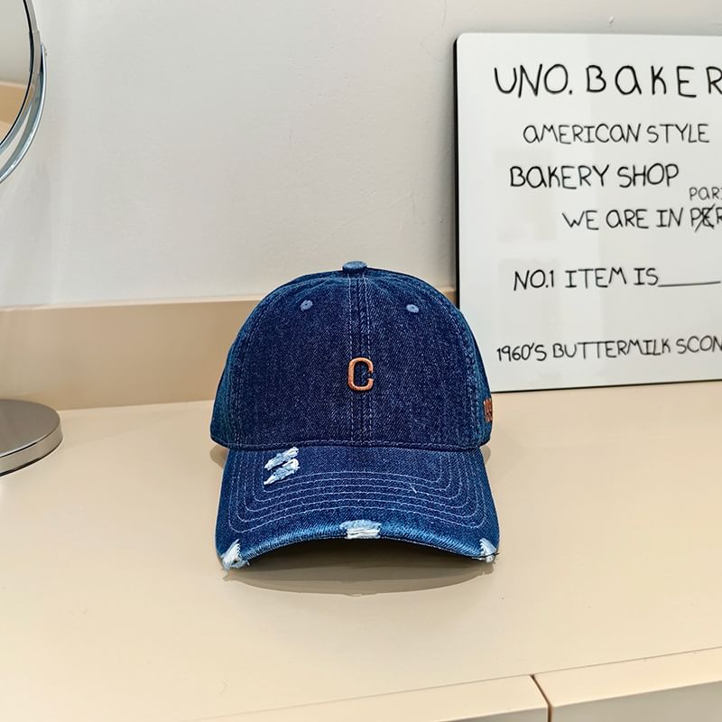 Embroidered Denim Baseball Cap Lettering Distressed