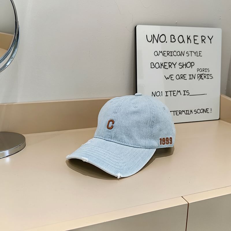 Embroidered Denim Baseball Cap Lettering Distressed