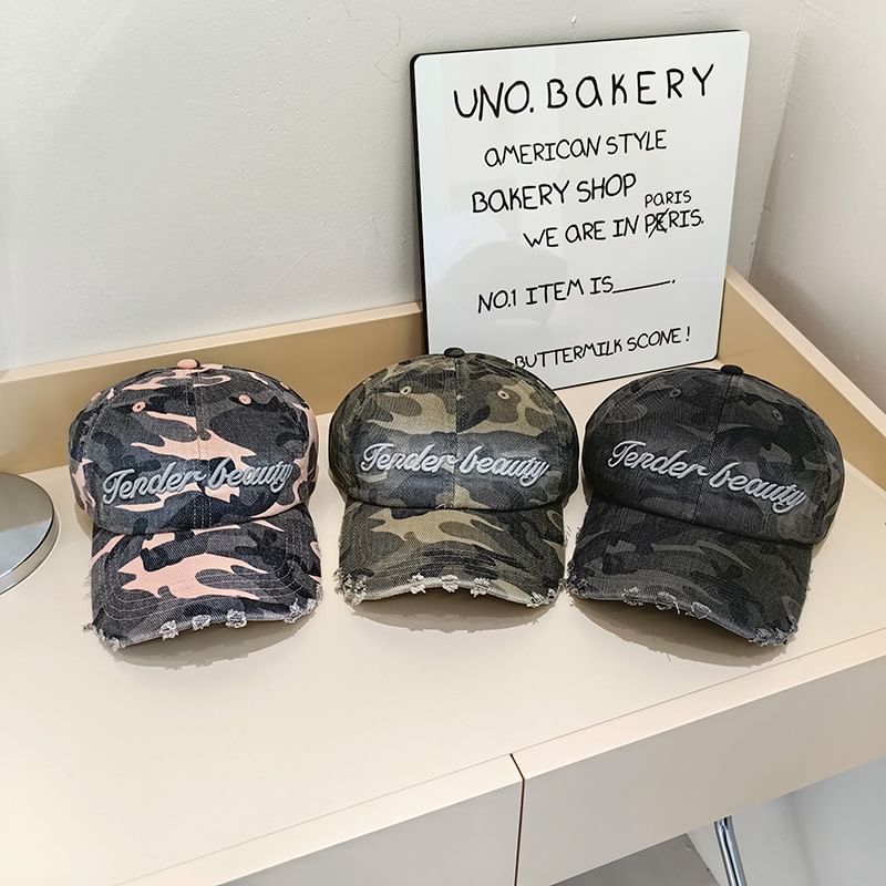 Lettering Distressed Baseball Cap Embroidered