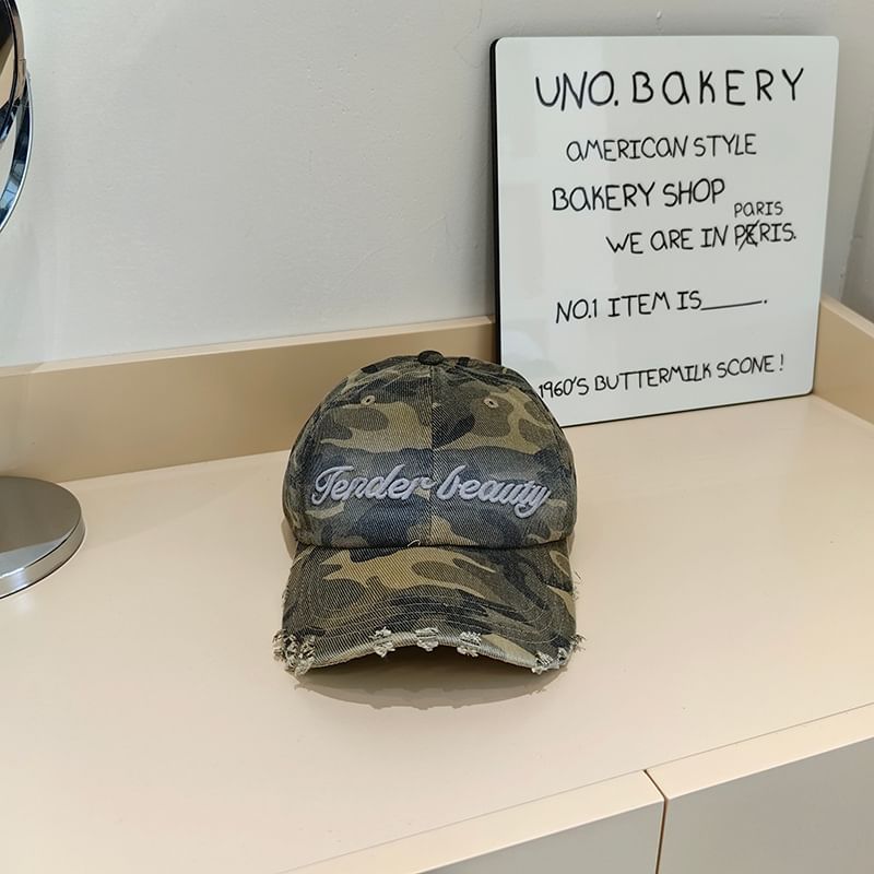 Lettering Distressed Baseball Cap Embroidered