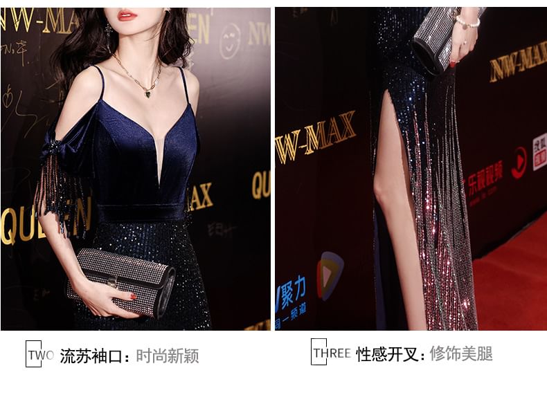 Trumpet Sequin Cold-Shoulder Evening Gown Side-Slit