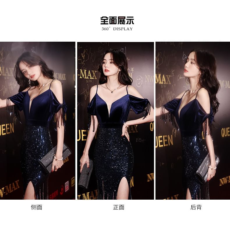 Trumpet Sequin Cold-Shoulder Evening Gown Side-Slit