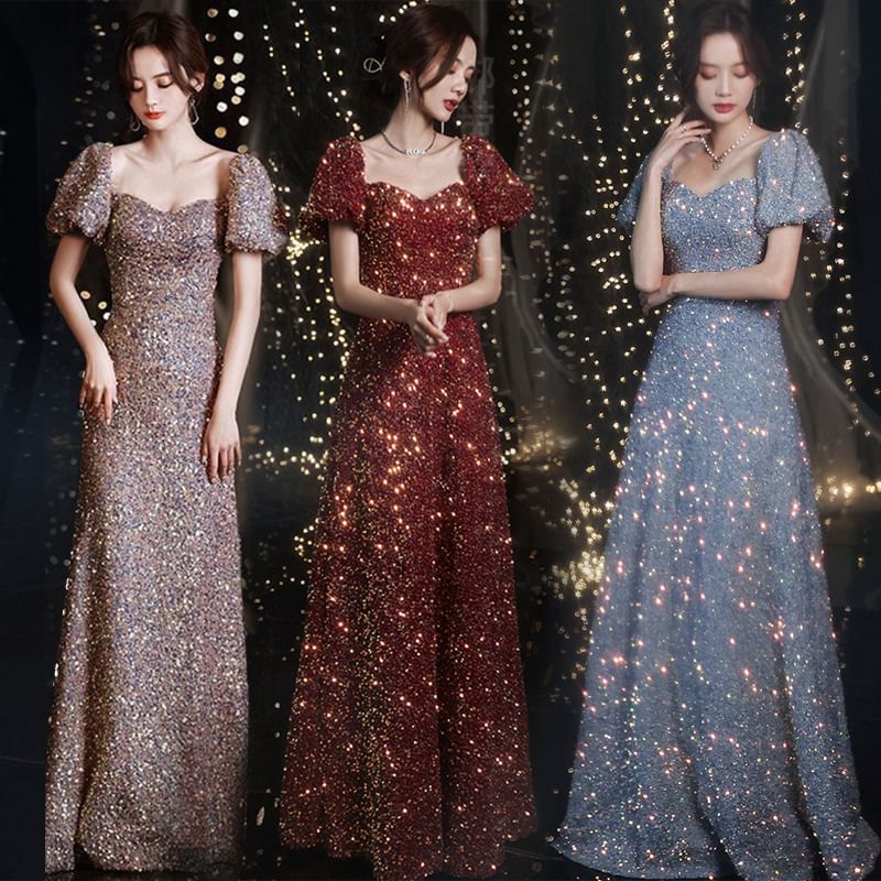 Puff-Sleeve Sequin Evening A-Line Gown