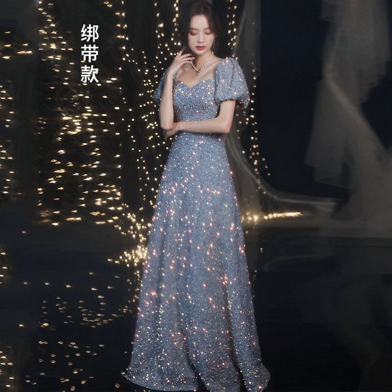 Puff-Sleeve Sequin Evening A-Line Gown
