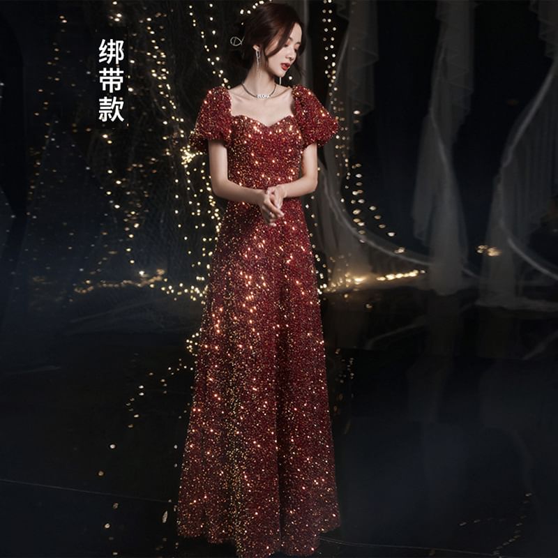 Puff-Sleeve Sequin Evening A-Line Gown